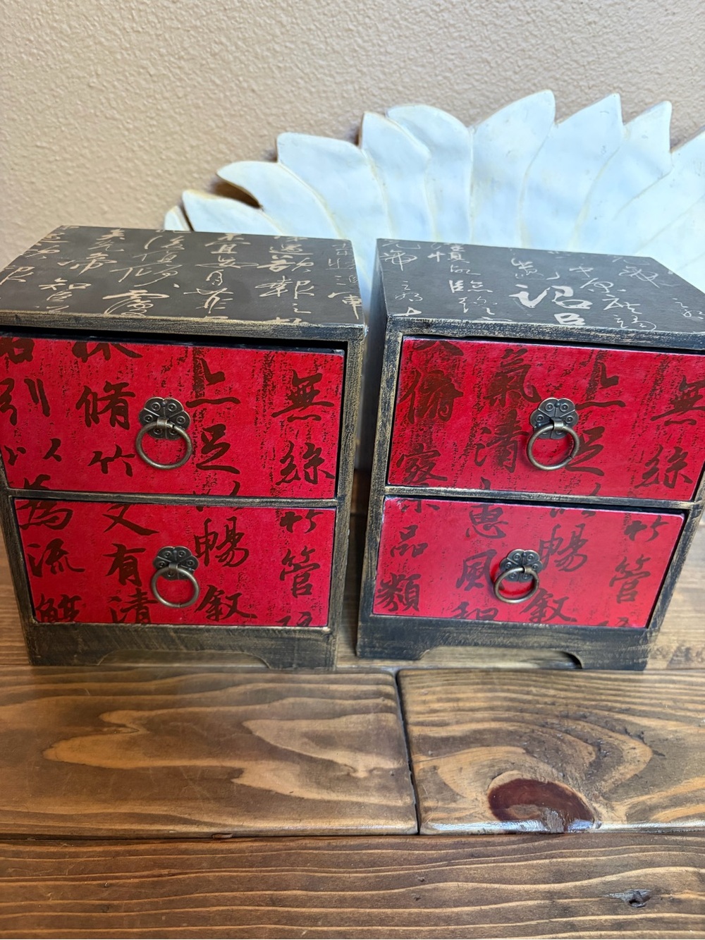 Asian Style Wooden Boxes with Pull Out Drawers set of 2 Black and Red and Gold